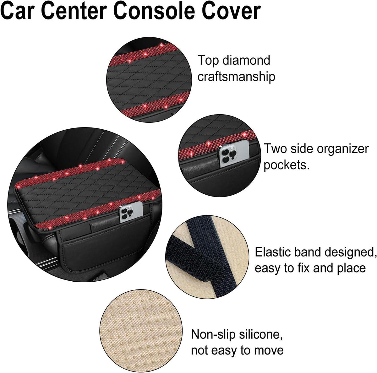 NBTEPEM Bling Car Center Console Cover, Leather Car Arm Rest Cover Cushion with 2 Storage Bags, Middle Console Cover Universal Armrest Protector Pads, Bling Accessories for Most Vehicles (Red)