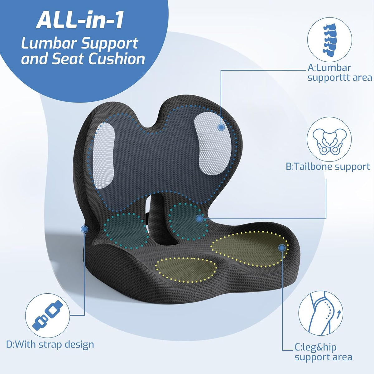 Ergonomic Seat Cushion with Lumbar Support Pillow for Office and Car