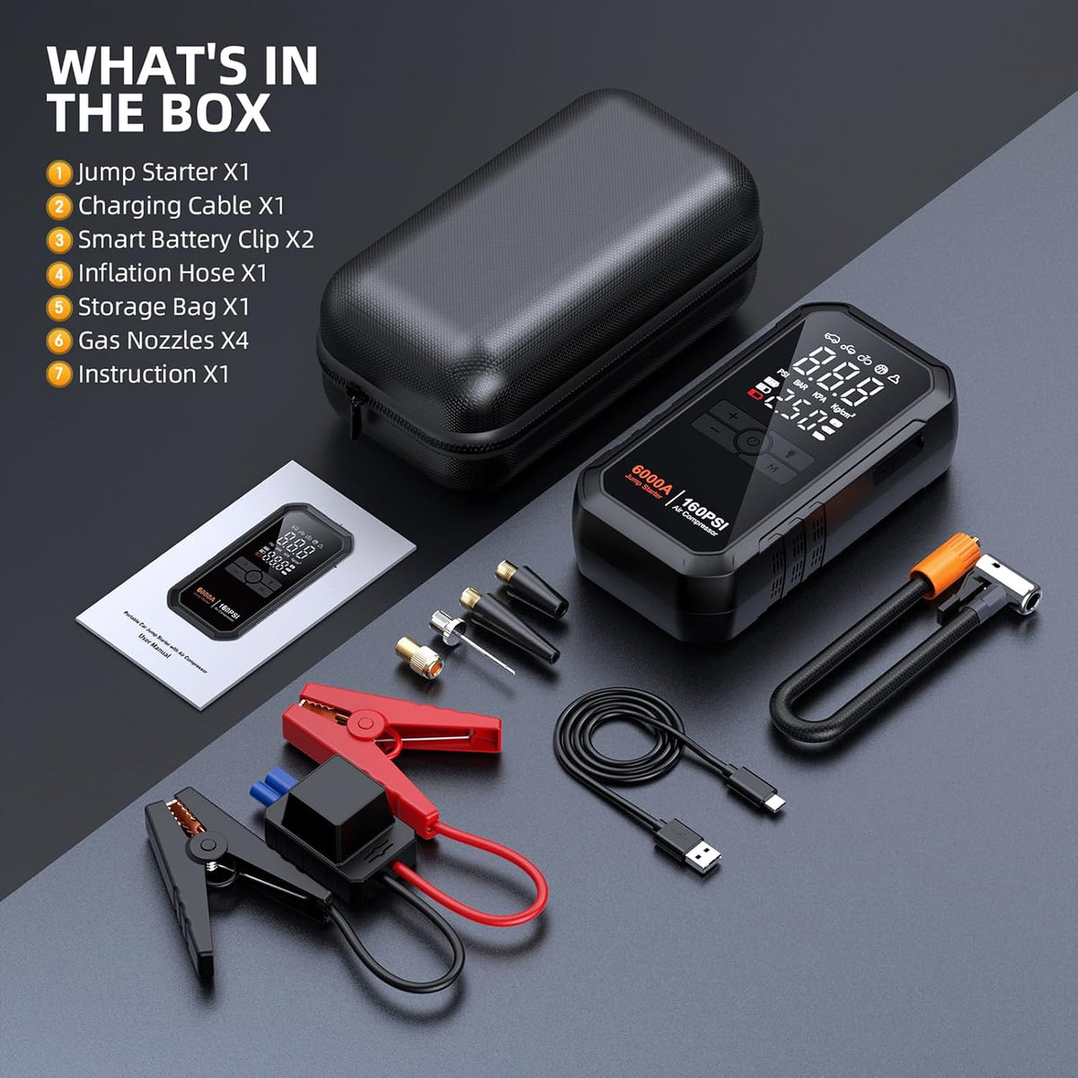 6000A 10-in-1 Car Battery Jump Starter with Air Compressor 160PSI