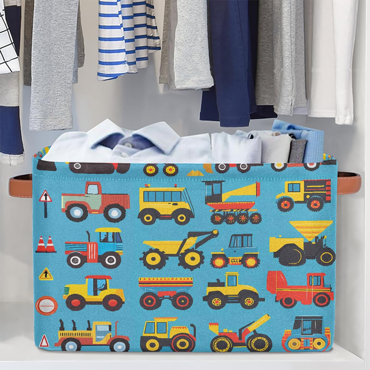 Cartoon Construction Storage Baskets for Organizing, Fabric Collapsible Storage Bins Box Cars Tractors Bulldozers Decorative Toy Organizer Baskets for Closet Shelves Gift Basket 1 Pc