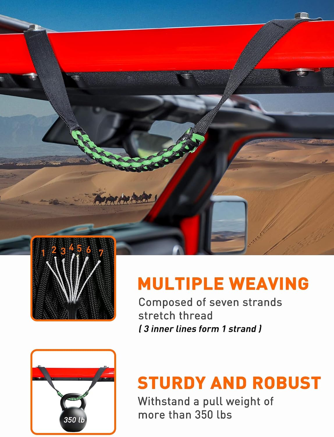 Savadicar 2 Pack Roll Bar Grab Handles for 2018-2024 Jeep Wrangler JL JLU 4XE & Gladiator JT, Roof Top Paracord Handle for Secure Grip, Essential Interior Accessories, Green