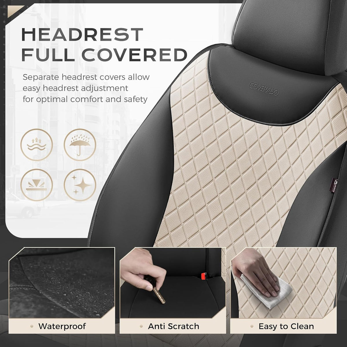 Coverado Front and Back Seat Covers, 5-Pack Universal Seat Covers for Cars, Leather & Fabric Splicing Design Car Seat Protectors, Waterproof Seat Cushions Universal for Most Vehicles, Black & Beige