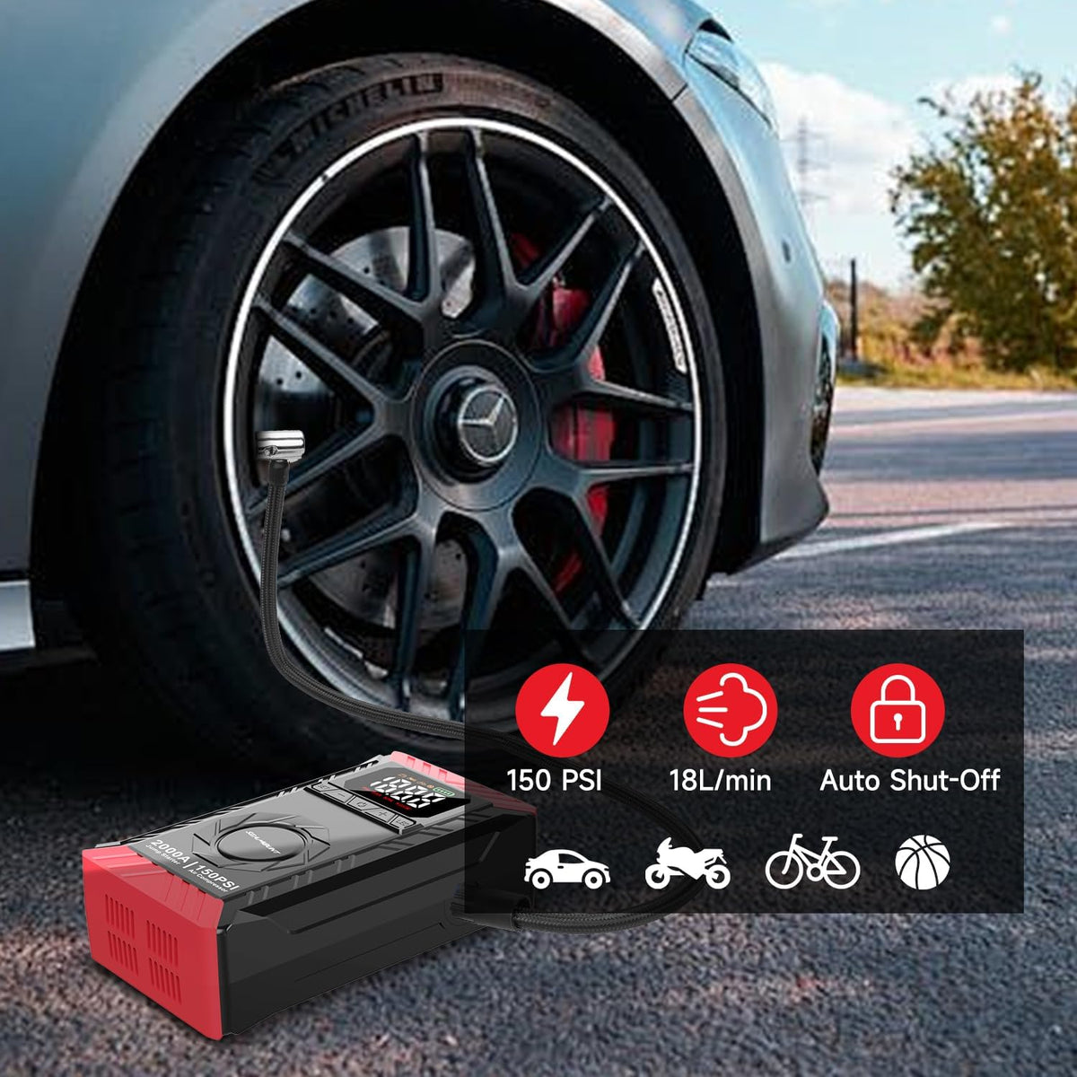 10-in-1 UltraSafe Jump Starter with Air Compressor, Portable Car Jump Box with LED Flashlight,Portable Tire Inflator, Jump Box, 60Wh Power Bank & Jumper Cables for 6.0L Gas/3.0L Diesel Engines