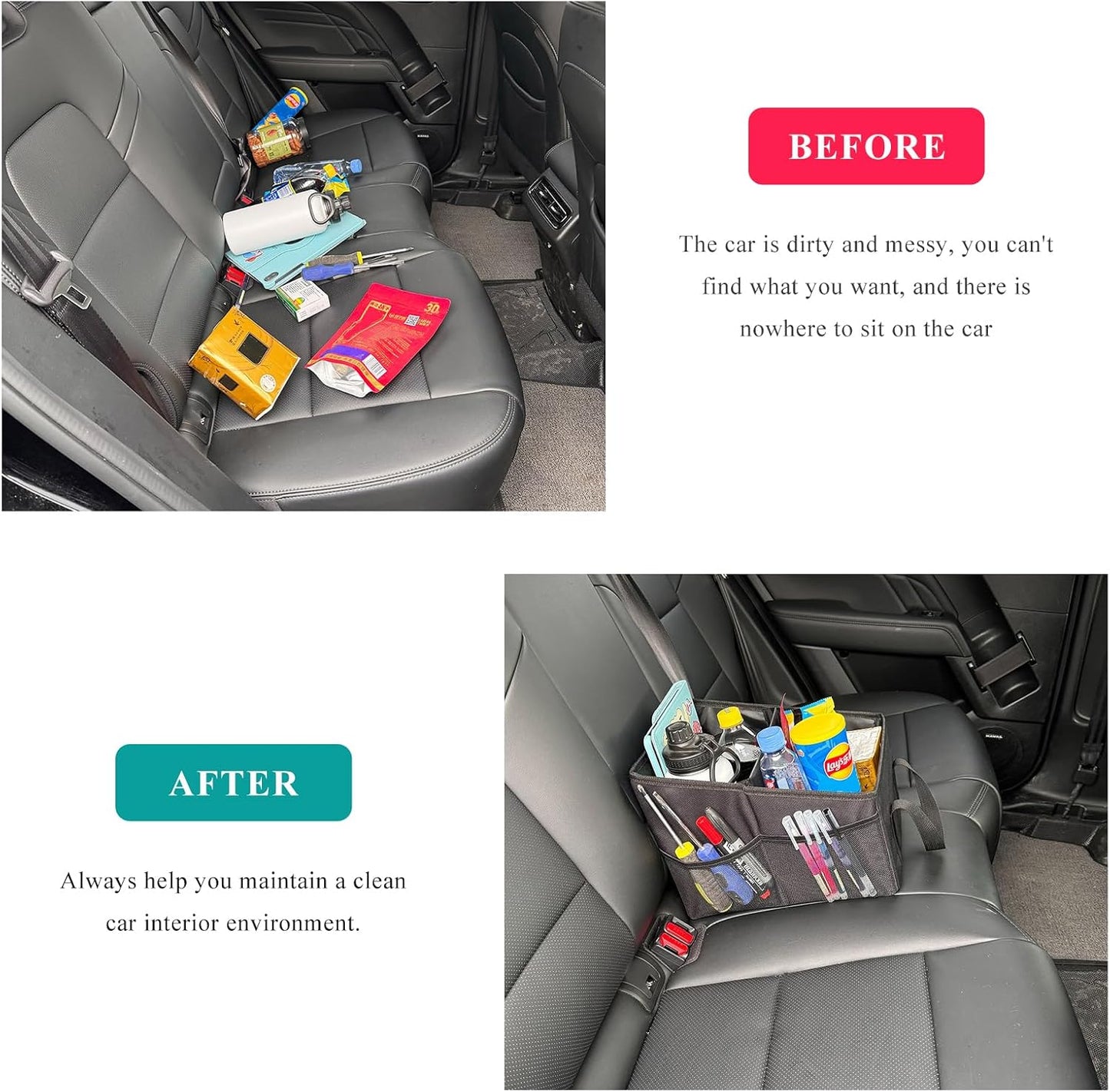 Car Seat Organizer, Collapsible Passenger Seat Organizer with Detachable Divider & Handle, Multiple-Pocket Car Storage Organization for Console Floor Front or Back Seats (Black)