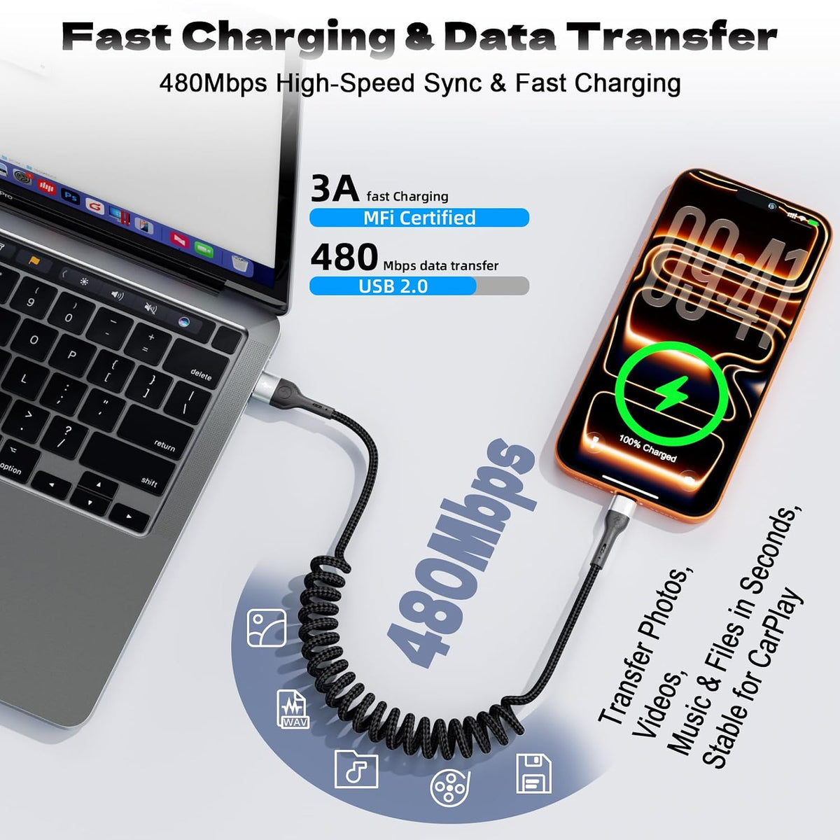 Coiled USB C Cable 2 Pack 3FT, USB A to USB C Car Charger Cable for CarPlay
