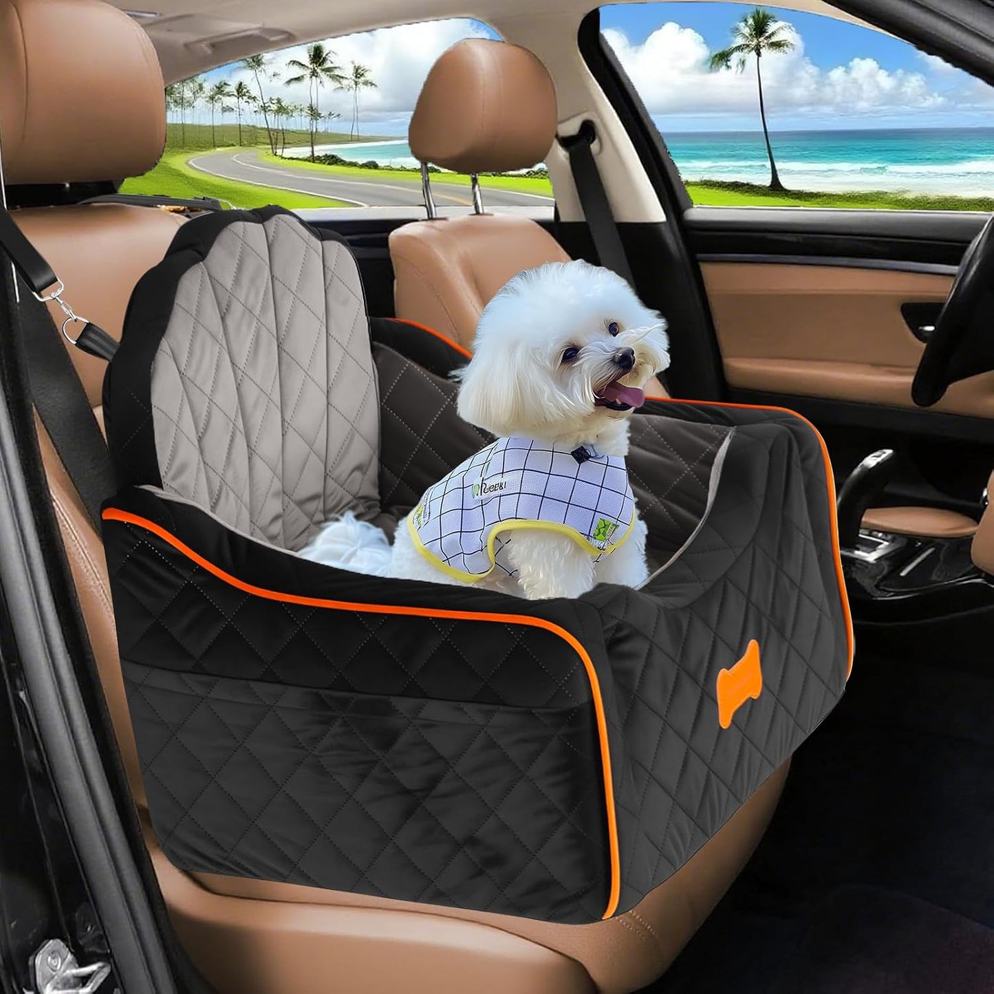 Dog Car Seat for Small Dogs Under 30lbs, Detachable Washable Pet Booster Seat with Safety Belt & Storage Pockets, Travel Car Bed, Black/Grey