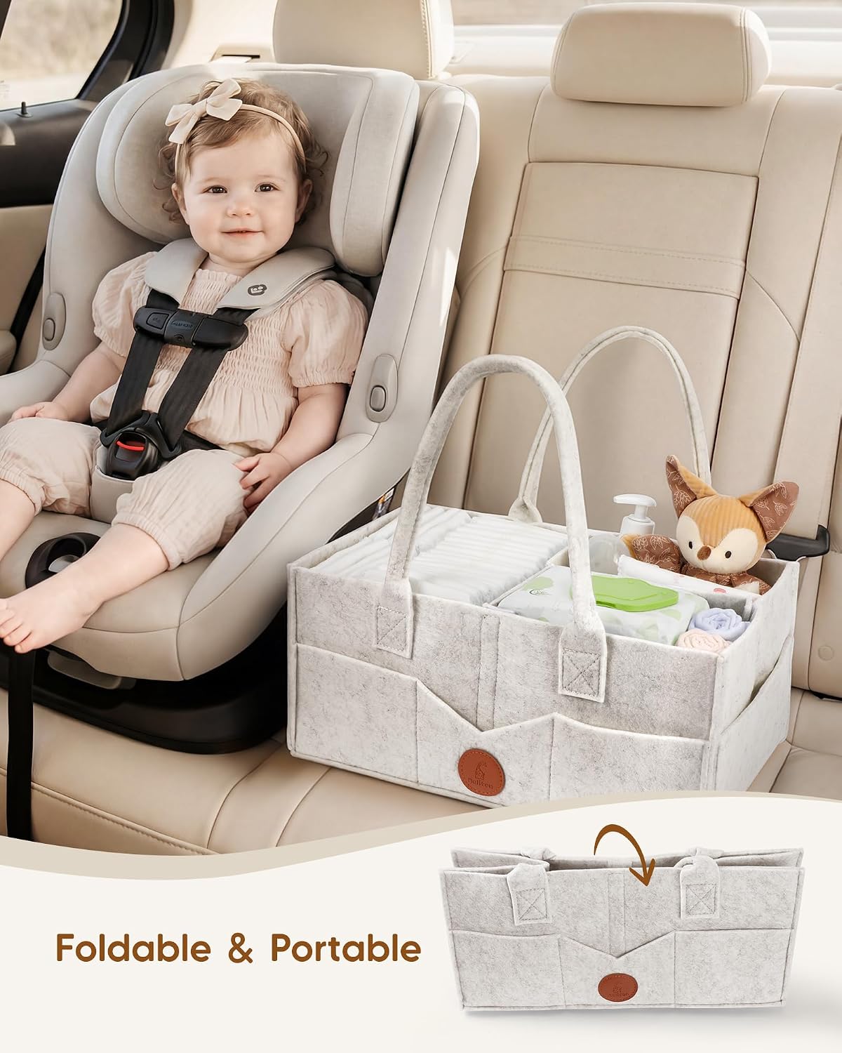 Maliton Baby Diaper Caddy, Nursery Storage Bin & Car Organizer with Handle, Large Felt Bag for Newborn essentials Boy or Girl, Changing Table Organizer for Baby Stuff, 15" x 9" x 7" Baby Shower Basket
