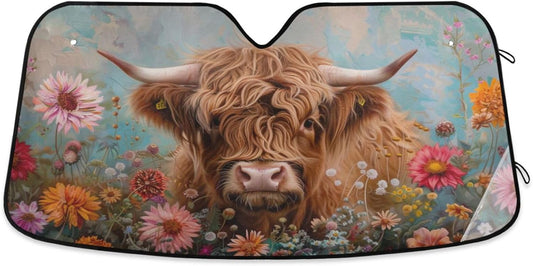 Car Windshield Sun Shade Highland Cows Florals Foldable UV Ray Sun Visor Protector Sunshade to Keep Your Vehicle Cool 55" x 27.6"