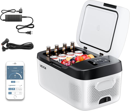 VEVOR Car Refrigerator, DC 12/24V AC100-240V Compressor Electric Cooler, -4°F to 68°F Car Fridge with APP Control, 16 QT Cars Freezer for RVs, Campsites, Boats, Camping, Fishing, 60W Portable Freezer
