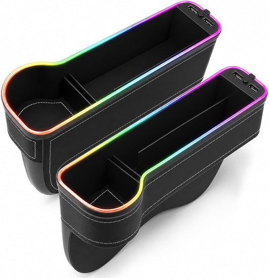 2 Pack Car Gap Filler Organizer with Charger Upgrade LED Seat Gap Organizer Box with Cup Holder Card Slot Larger Storage Space Reducing Item Loss
