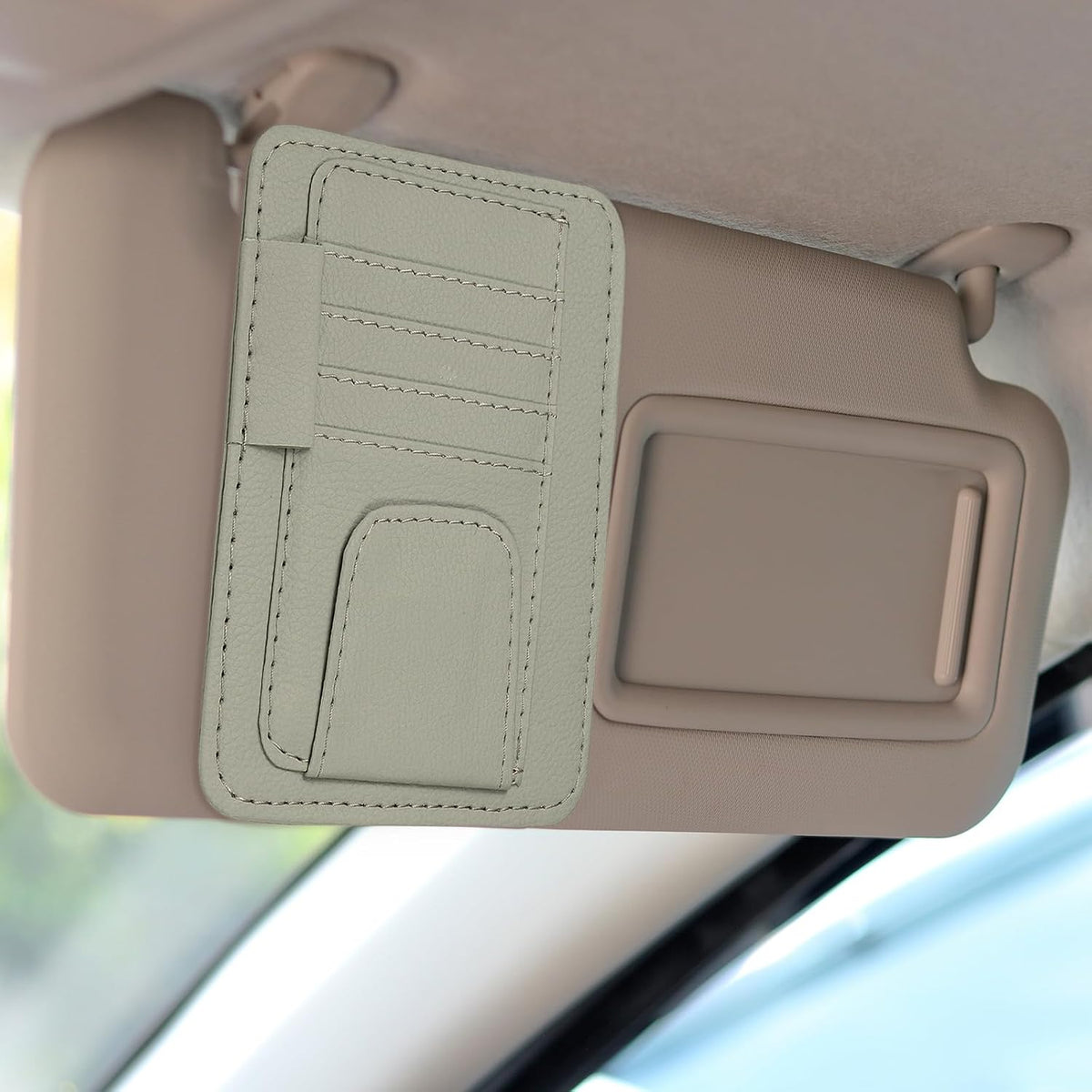 HARFINGTON 2Pcs Car Sun Visor Organizer 6.02" x 4.76" Leather Multi-Pocket Visor Card Sleeve Pocket Car Truck SUV Interior Storage Pouch for Driving License Credit Card Bill Sunglasses, Gray