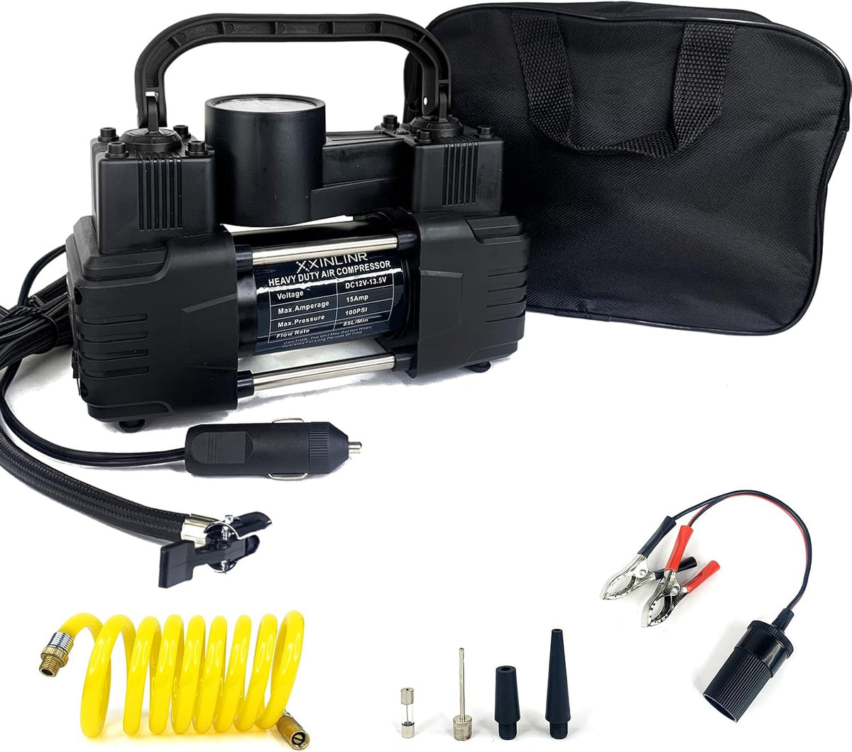 Rapid Inflation Heavy-Duty Portable Dual-Cylinder Tire Inflator with Pressure Gauge - 12V 150PSI Metal Air Compressor (LED Light), Adapters & Storage Bag Included, Fits Cars, RV Tires