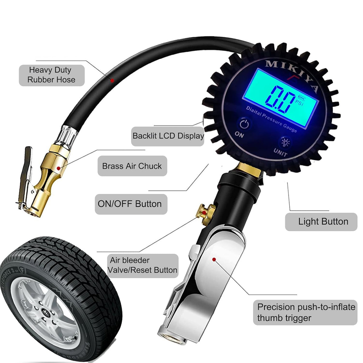 Digital Tire Pressure Gauge with Inflator, 250 PSI,Heavy Duty Air Compressor Accessories, with Rubber Hose Lock on Air Chuck and Quick Connect Coupler (YS-DTP-B)