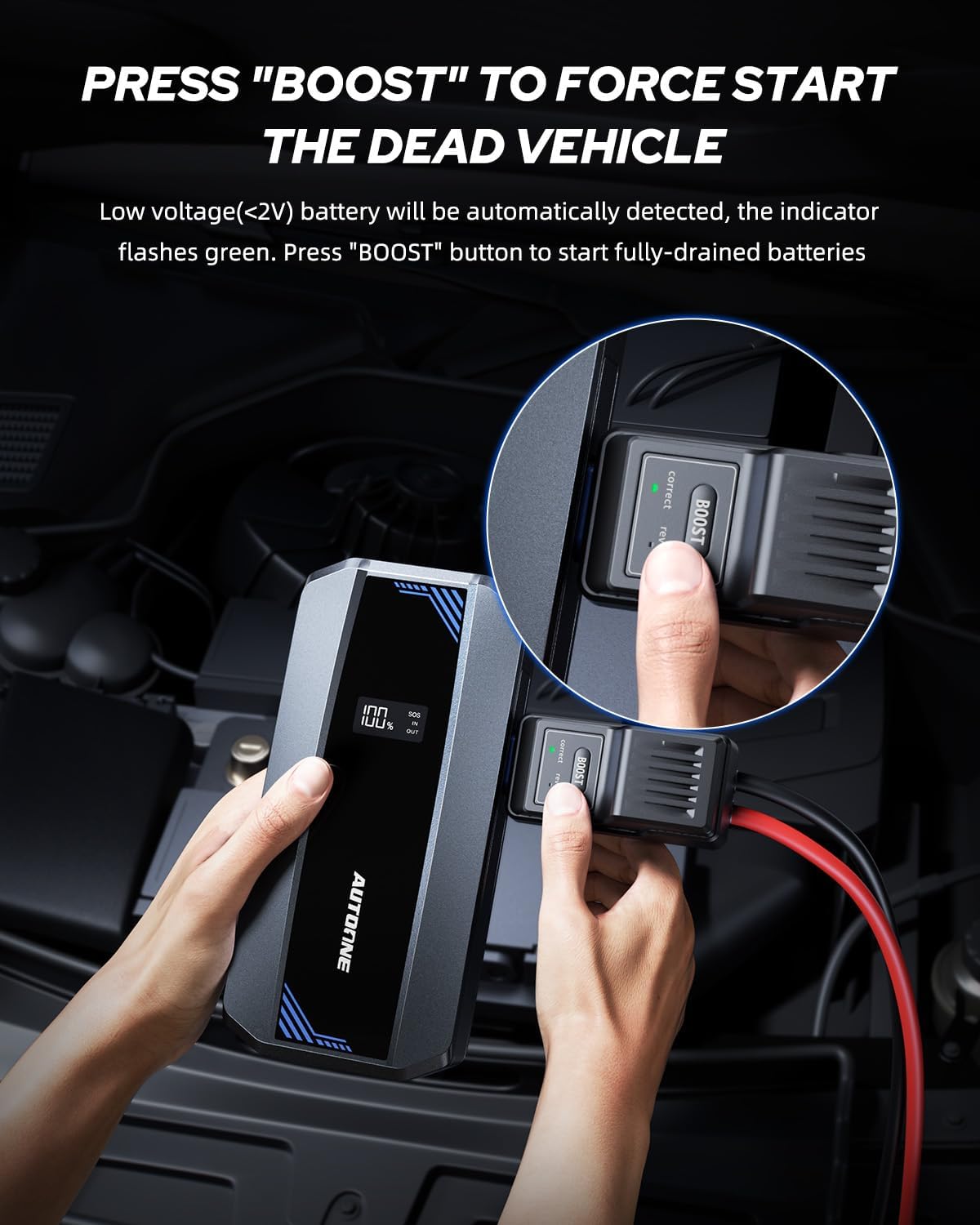 AUTOONE Car Jump Starter 6000A Battery Booster, Portable Battery Pack for All Gas 10L Diesel, 12V Jump Box with Smart Jumper Cable for Car Battery, Vehicle Lithium Starter, LCD Display, w/LED Light