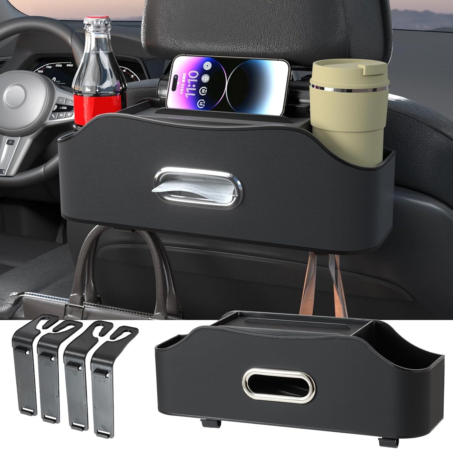 Back Seat Cup Holder for Car – Multifunctional Seat Back Organizer with Drink Holders, Tissue Box Storage & Hooks, Fits Headrest for Auto. Black