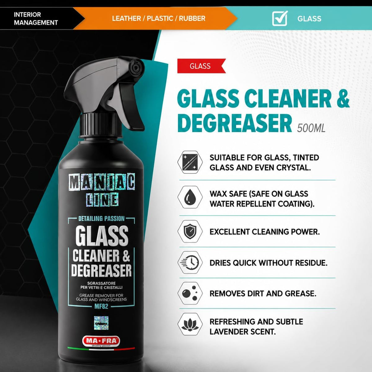 MANIAC LINE MAFRA Glass Cleaner & Degreaser | Ammonia-Free Window & Crystal Cleaner | Safe on Tinted Glass | Removes Limescale, Grease & Road Film | Streak-Free Finish | 16.9 Fluid Ounce Bottle