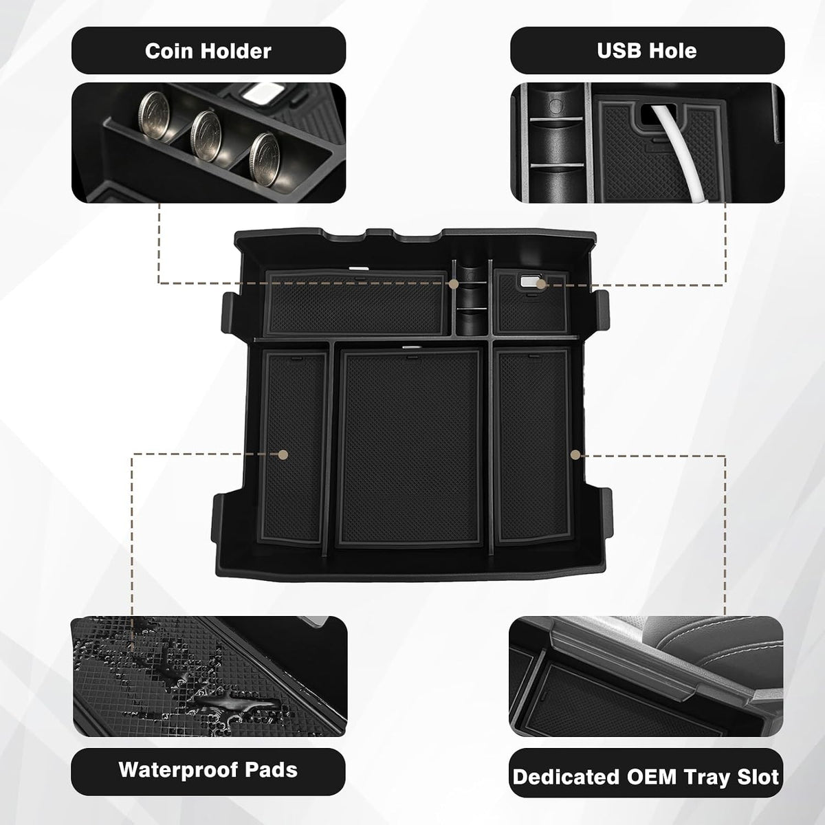 Muslogy Center Console Organizer Tray for 2023-2026 F250/F350/F450/F550 Super Duty Accessories Storage Box Divider, Fit for Ford OEM Tray, W/Black PVC Mats, Bucket Seats Only, Not for Work Surface