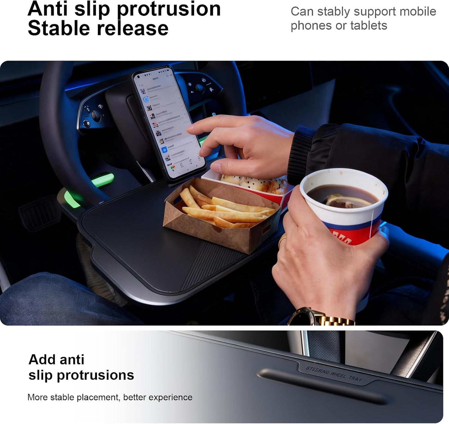 2-in-1 Car Steering Wheel Desk Tray & Car Seat Gap Filler Organizer – Silicone Look Table for Laptop, Eating Food, Writing – Work Road Trip Essentials Accessories (Black)