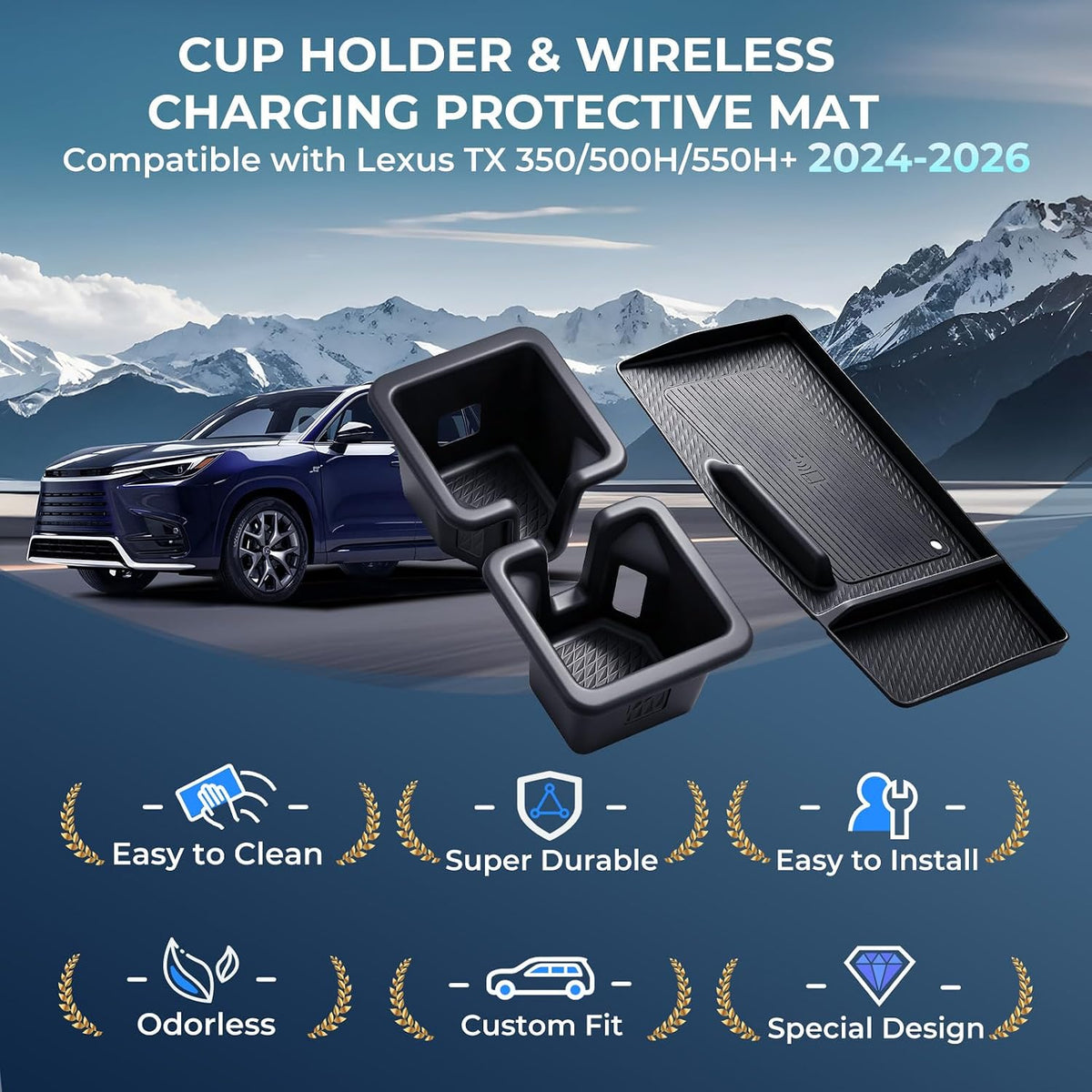 Cup Holder Insert & Wireless Charging Protective Mats for Lexus TX TX350/TX500h/TX550h+ 2026 2025 2024, Center Console Interior Accessories for 2024-2026 TX 350/500h/550h+, Black
