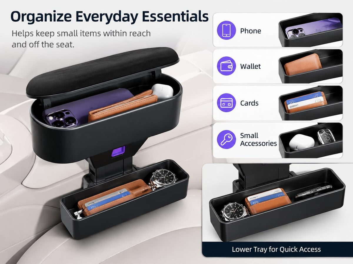 Car Armrest Storage Box, 4-Way Adjustable Seat Gap Filler Organizer