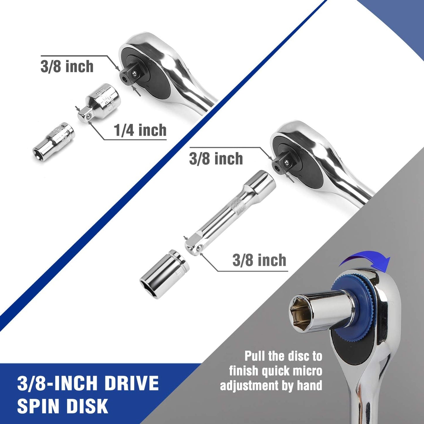 WORKPRO 39-Piece Drive Socket Set 1/4'' & 3/8'', CR-V Metric and SAE Sockets with Quick-Release Ratchet Wrench, Extension Bar, Spinner Handle & Adapter, Compact Mechanics Tool Set for Car Repair