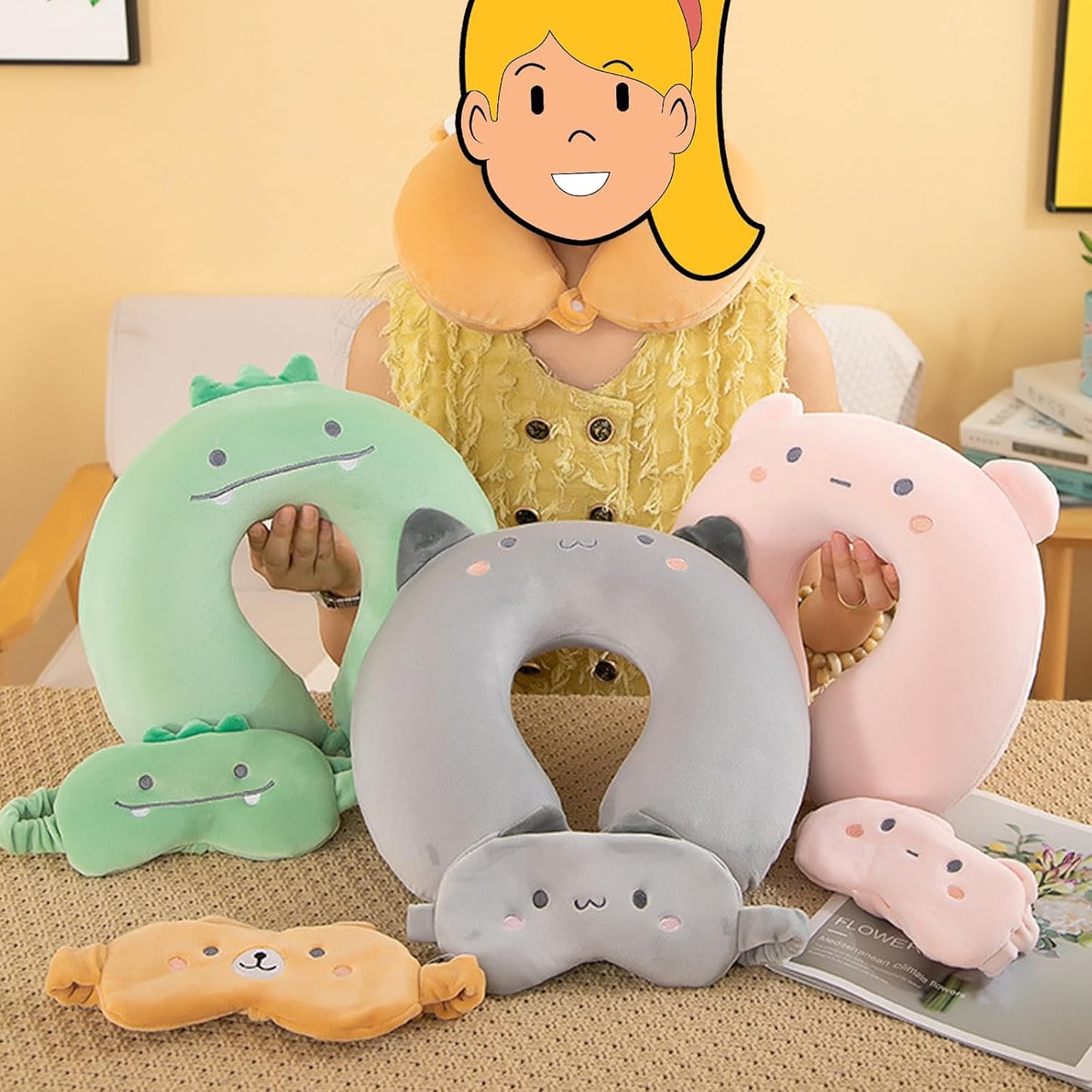 Kids Neck Pillow for Travel with Sleep Eye Mask, Cute Travel Neck Pillow, Memory Foam Flight Sleeping Headrest Pillow for Boys & Girls, Airplane, Train, Car, Home Use - Brown Bear