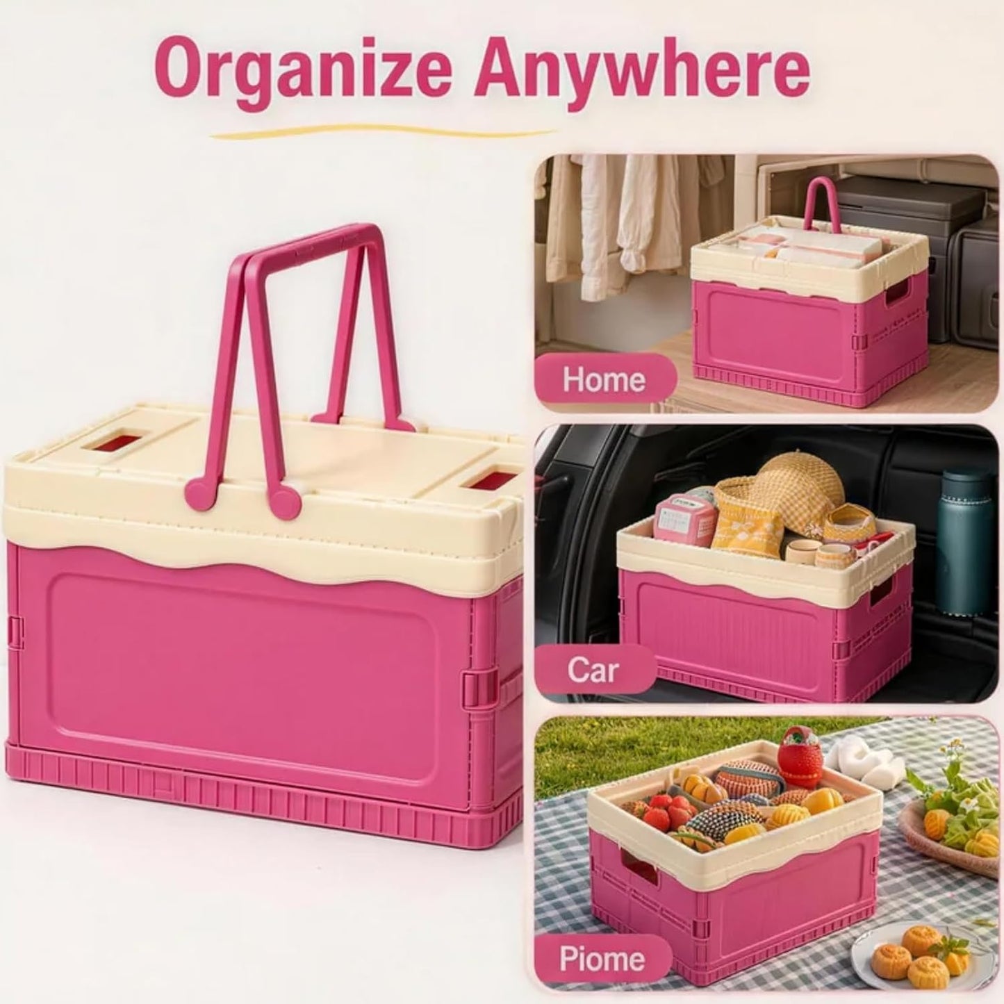 Pink Storage Bins with Lids, Foldable Storage Basket, Collapsible Plastic Organizer Bin with Handle, Portable Stackable Container for Home, Kitchen, Bedroom, Office, Car, Picnic