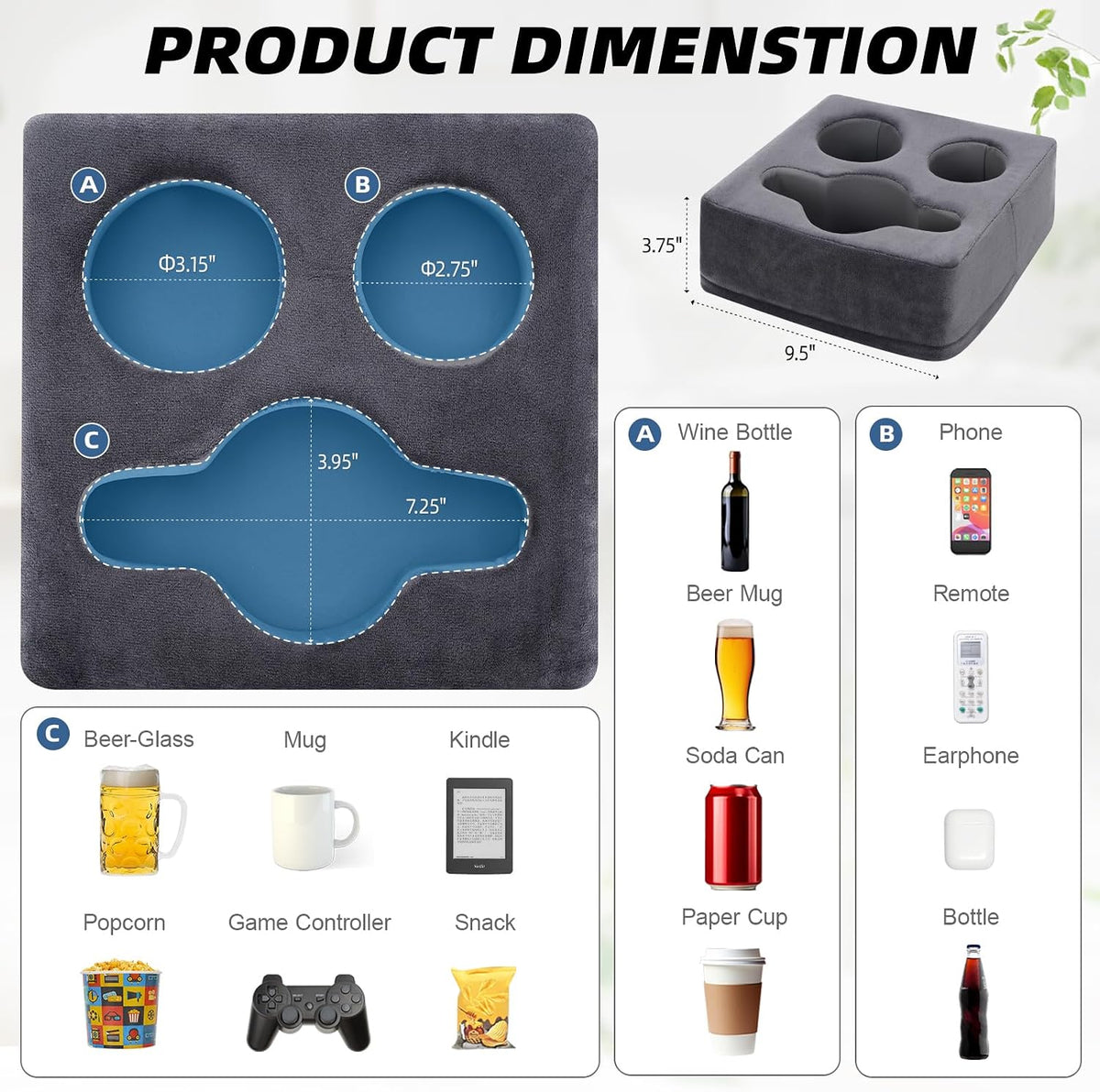 G GOOD GAIN Couch Cup Holder Pillow, Spill-Proof Sofa Drink Cup Holder & Multi-Use Organizer for Sofa, Bed, Car, Beach - Holds Mugs, Phone, Snacks, Remote Control, KeepTemp Design (Grey)