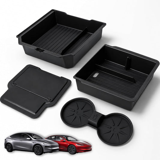 Center Console Organizer Set for Tesla Model Y Juniper (Premium & Performance 2025/26) and Model 3 Highland (All Trims 2024/25/26) – 4PCS Tesla Interior Accessories – Black
