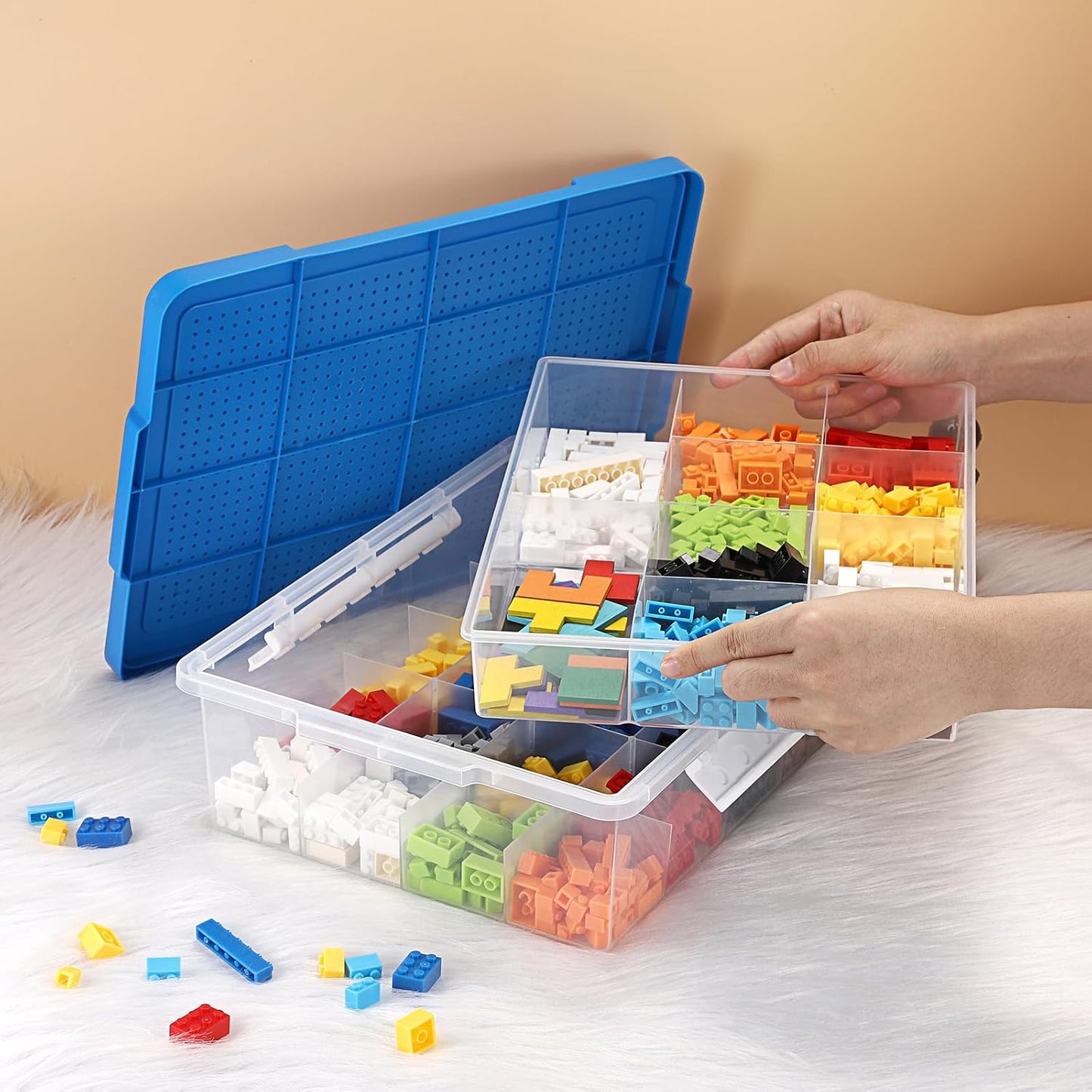 Plastic Organizer Bins for Blocks, Blocks Storage Container with Baseplate Lid Removable Tray, Stackable Double Layer 30 Slots Clear Storage Box Organizer for Bricks, Crafts, Beads(Blue)