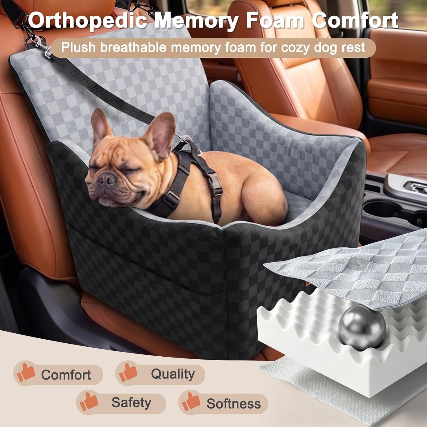 JOEJOY Elevated Dog Car Seat for Small/Medium Dogs up to 35 lbs, Memory Foam Booster Seat with Detachable Washable Cover, Travel-Safe Car Bed with Safety Belts & Storage Pockets, Grey