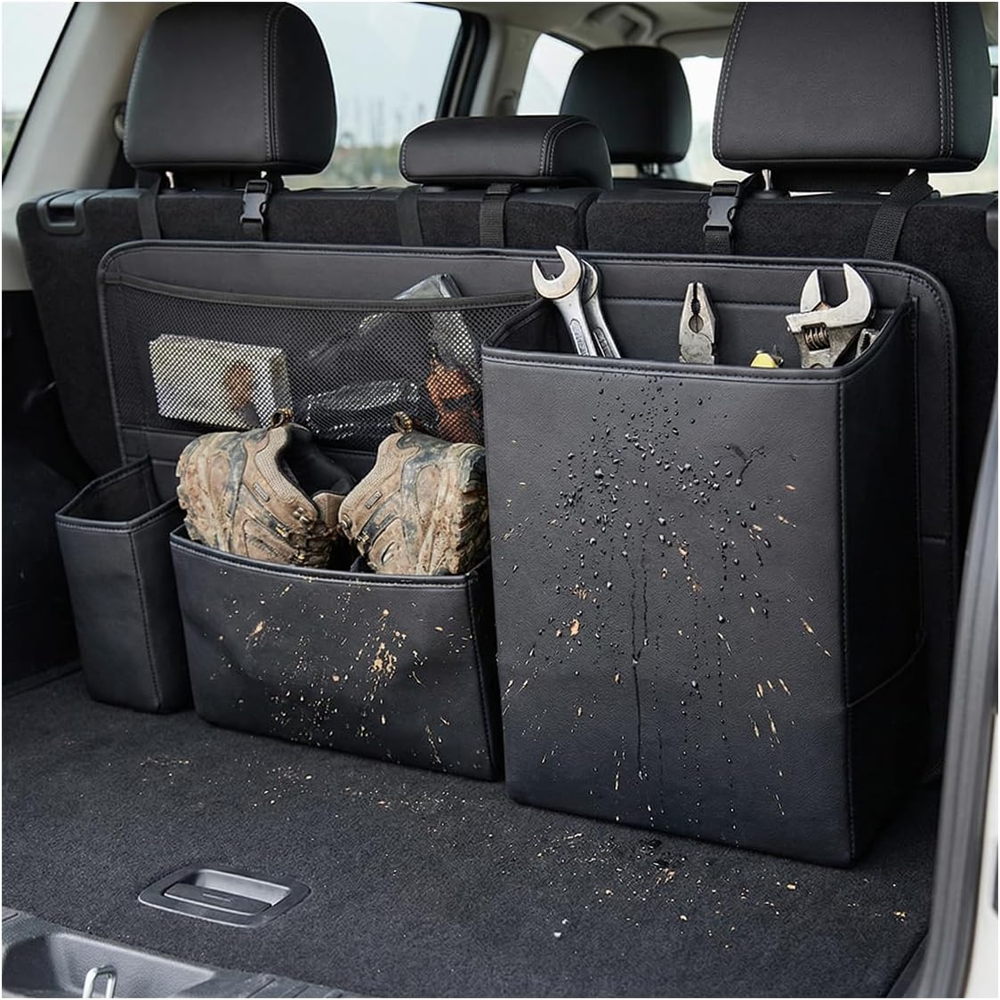 Leather Car Trunk Organizer, 35'' × 17'' Auto Backseat Hanging Storage Bag with 1 Mesh Pocket & 3 Pockets, Foldable Vehicle Travel Organizer Accessories for Sedan, SUV, Truck, MPV (Black)