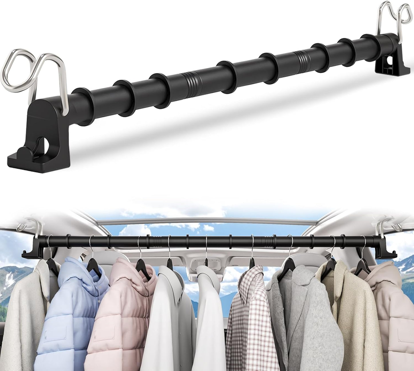 Car Clothes Hanger Bar 30-64 inches, Hold Up to 80lbs, 4Pcs Accessories | Adjustable; Strengthened Hooks, Silent, Non-Slip; Fit Most Vehicles; Perfect for car travel, business trips; Easy assembly