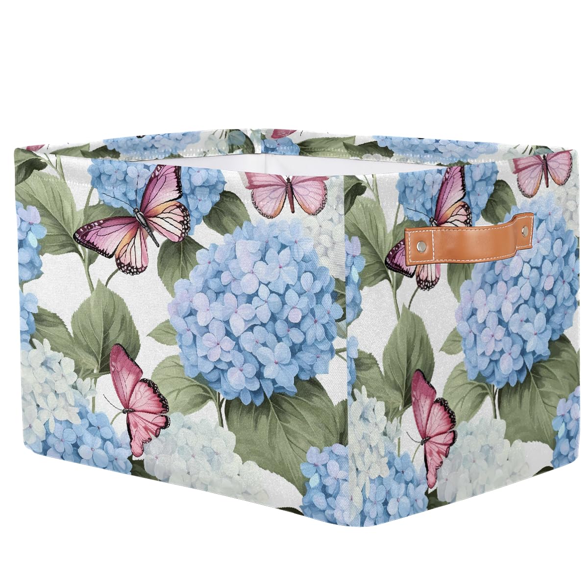 Blue Hydrangea Flowers Storage Baskets for Organizing, Fabric Collapsible Storage Bins Box Pink Butterfly Decorative Toy Organizer Baskets for Closet Shelves Gift Basket 1 Pc