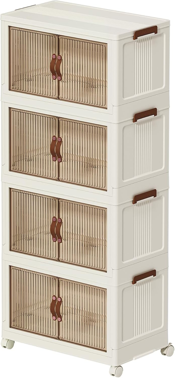Collapsible Storage Bins with Lids - Stackable Plastic Closet Organizers for Clothes, and Home Organization White (4 rack, 30 Gal/rack)