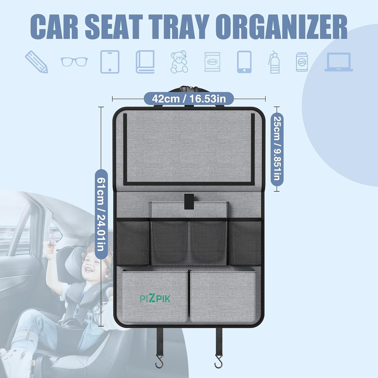 Plzpik Car Backseat Organizer with Tablet Holder,11 Storage Pockets with Foldable Food Tray, Protector Kick Mats for Kids, Travel Accessories Organizer (Gray, 1Pack)