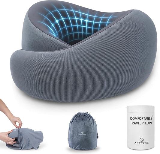 Travel Pillow for Airplane - Memory Foam Neck Travel Pillow with 360° Chin & Neck Support, Dual Raised Sides, Washable Breathable Cover, Compact Travel Bag for Long Flights, Car, Train, Sleeping