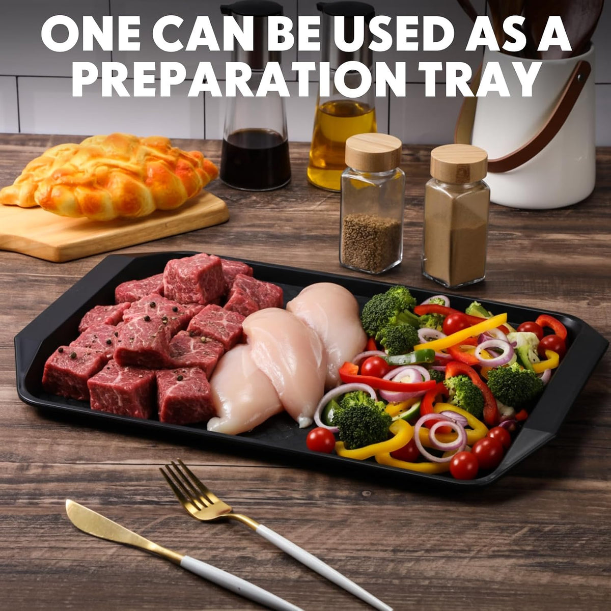 DoubleFill Set of 4 Grilling Prep and Serve Trays, 17x12 Inch Large BBQ Platter for Raw and Cooked Food, Cooking Meat Plastic Grilling Trays, Black and White Stackable Defrosting Prep and Carry System