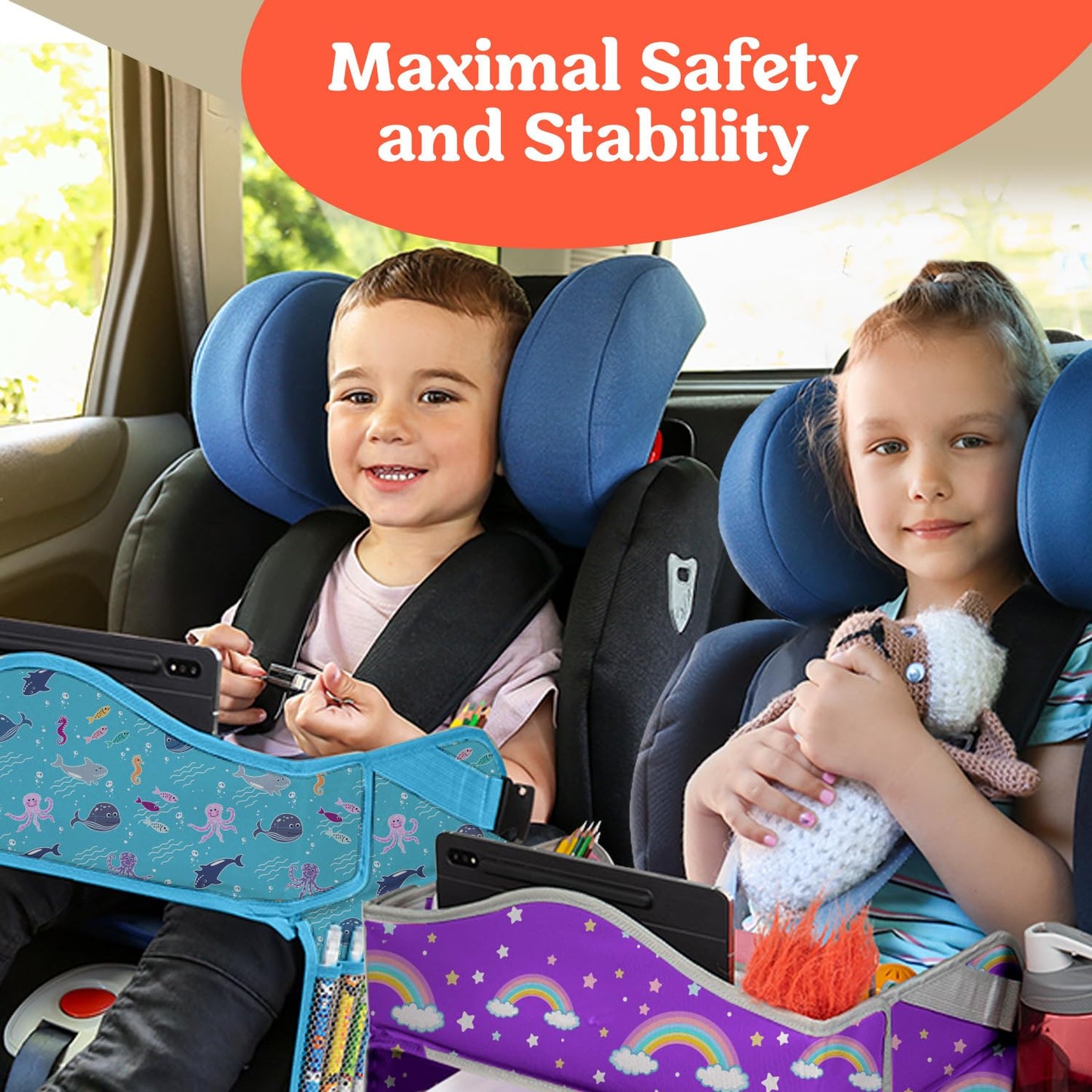 PILLANI Kids Travel Tray for Car - Toddler Essentials for Road Trip, Carseat Tray for Kids Travel, Car Activities for Kids Ages 4-8 w/ Activity Sheets & Pens, Tablet Holder, Dry Erase Board,Cup Holder