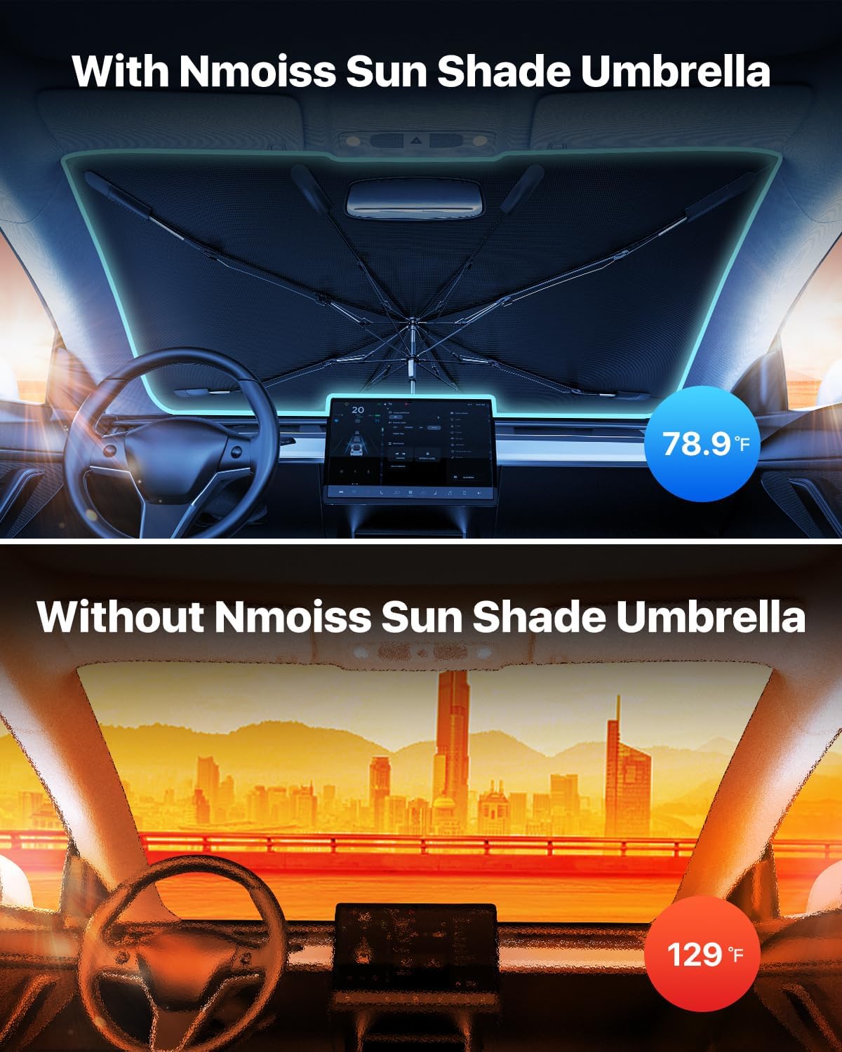 [Upgraded] Nmoiss Windshield Sun Shade Umbrella - [Vinyl Coating Heat Shield] Protect Car from Sun Rays & Heat Damage Keep Cool and Protect Interior, Spring Structure Edge Medium 56" L x 31" W