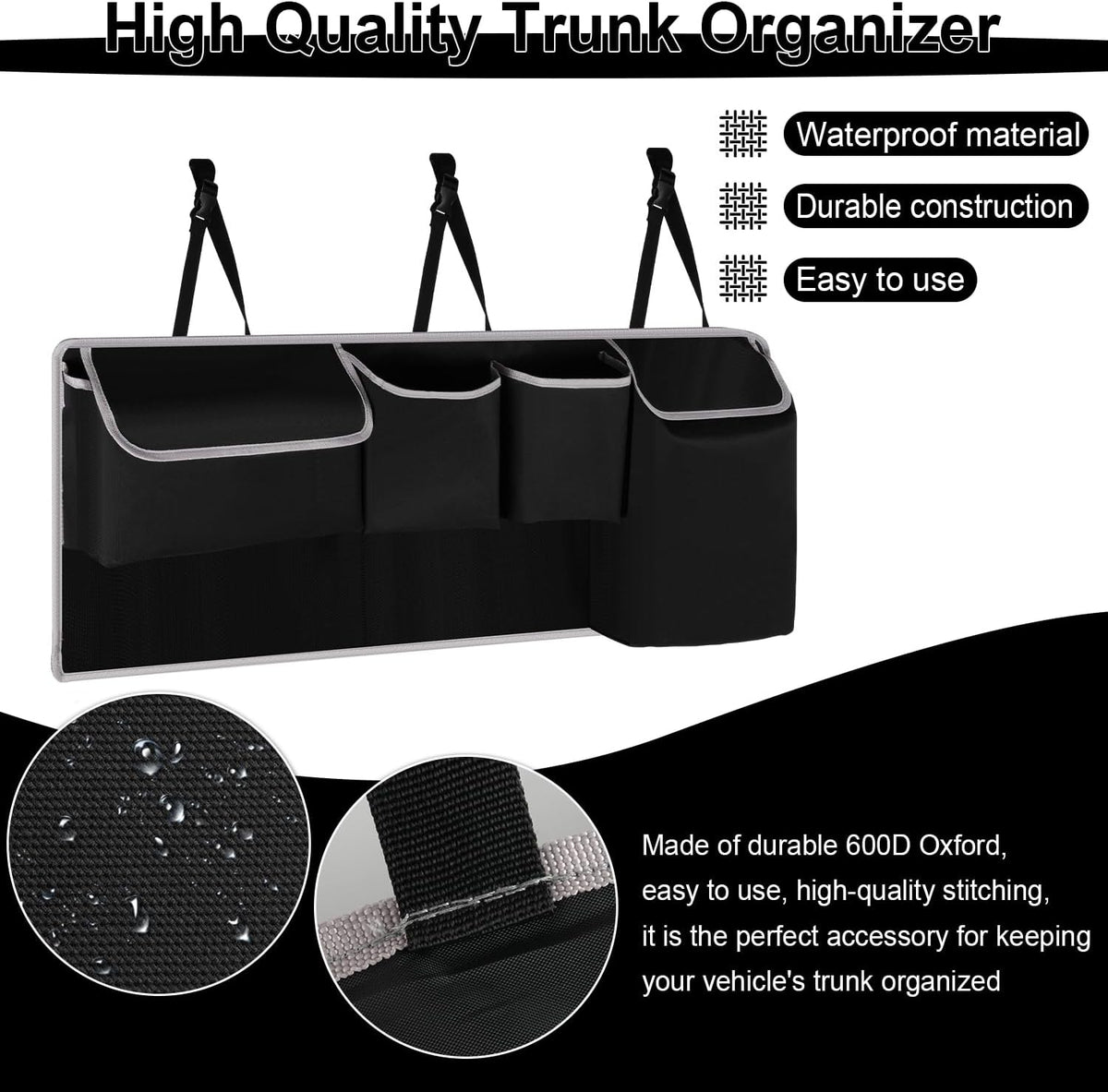 UYYE Trunk Hanging Organizer, Backseat Bag, Car Interior Accessories with 4 Pockets & 2 Mesh Pouches for Groceries, Will Provide More Storage Trunk Space for SUV, Jeep, MPVs