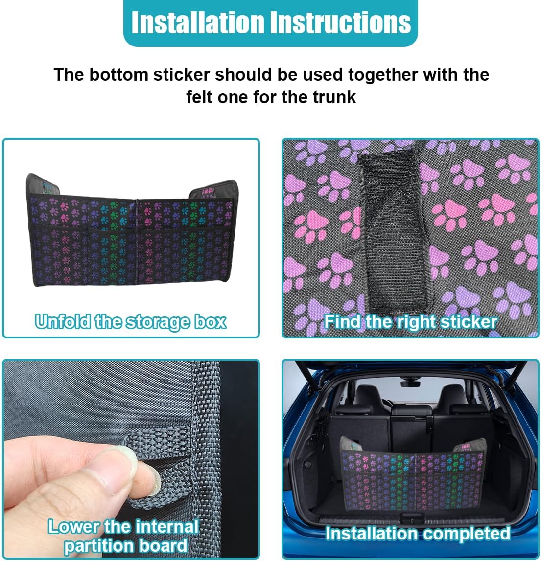 Car Trunk Organizer, Collapsible Multi-Compartment Auto Storage Box with 4 Pockets, Waterproof Oxford Fabric Car Trunk Container Accessories for Sedan SUV Truck (Colorful)