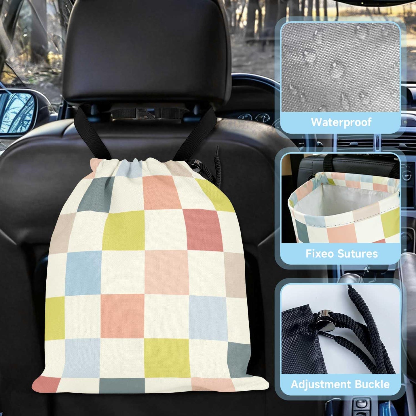 Colored chessboard Car Trash Bag - Waterproof Car Trash Bag Hanging Leakproof Car Garbage Bag - Washable Reusable Trash Bag For Car Interior Hanging Organizer Storage Vehicle Travelling Camping