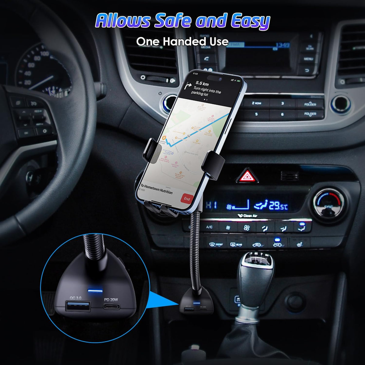 Cigarette Lighter Phone Holder, 360° Rotating Car Mount Cradle with Dual USB Charging Port, Adjustable Gooseneck, Car Phone Holder Cigarette Lighter Mount, Fits Most Cellphones
