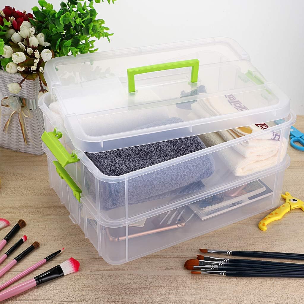 BTSKY 2 Layer Stack & Carry Box, Plastic Multipurpose Portable Storage Container Box Handled Organizer Storage Box for Organizing Stationery, Sewing, Art Craft, Jewelry and Beauty Supplies Green