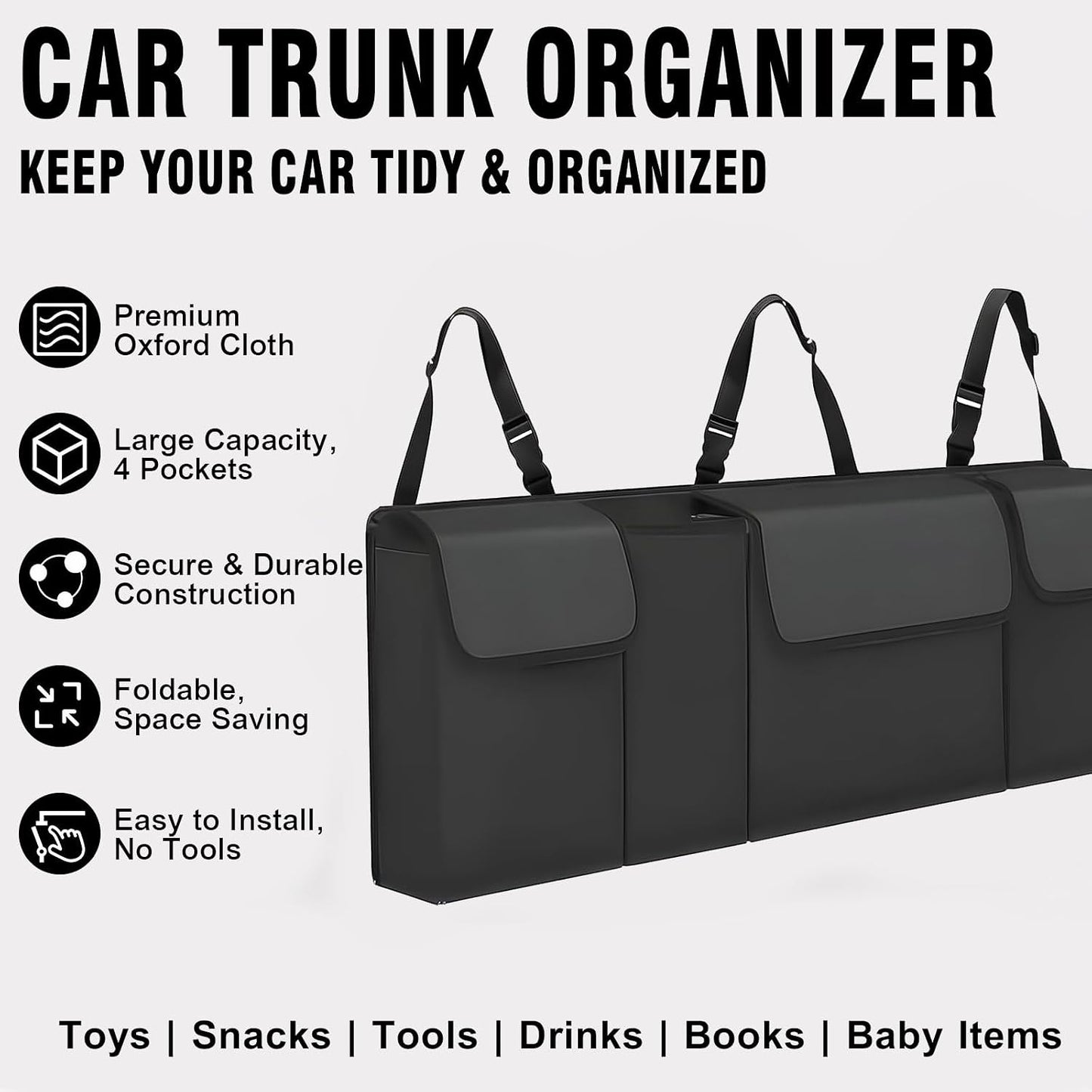 Car Trunk Organizer – Backseat Hanging Large Storage Bag with Adjustable Straps, Waterproof Collapsible Cargo Organizer with 4 Pockets, Space-Saving Trunk Storage for SUV Truck MPV (Black)