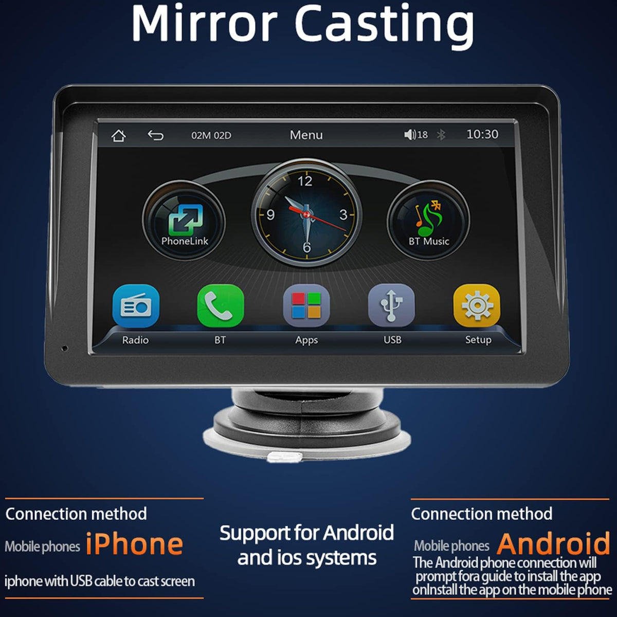 Compatible for Wireless Apple Carplay Android Auto 7 Inch Portable Car Stereo HD TouchScreen Monitor Car Radio with Bluetooth Mirrorlink FM Transmitter AUX/USB/TF Card Port Backup Camera