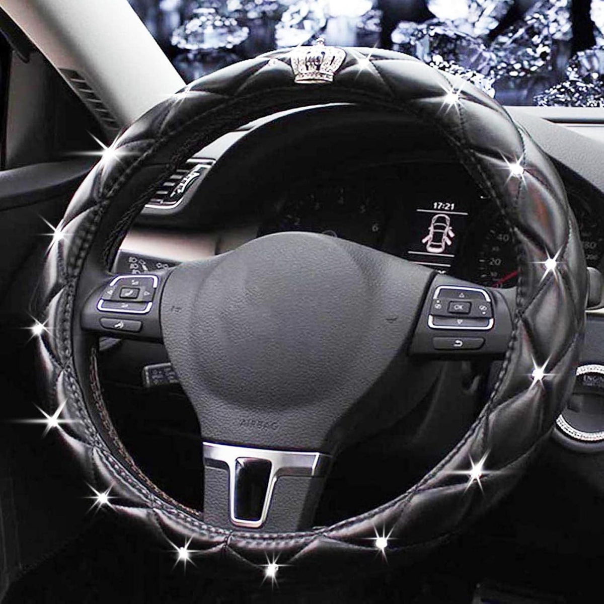 Diamond Black Leather Bling Steering Wheel Cover for Women Car Steering Wheel Protector Queen Rhinestones Anti-Slip Universal Fit 14 1/2-15 inch