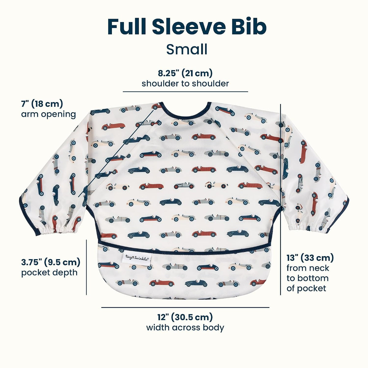 Tiny Twinkle Long Sleeve Bib for Babies & Toddlers | Waterproof Smock Bib for Eating | Machine Washable & Mess-Proof Feeding Essentials | Newborn Shower Gift (Vintage Cars, Small 6-24 Months)
