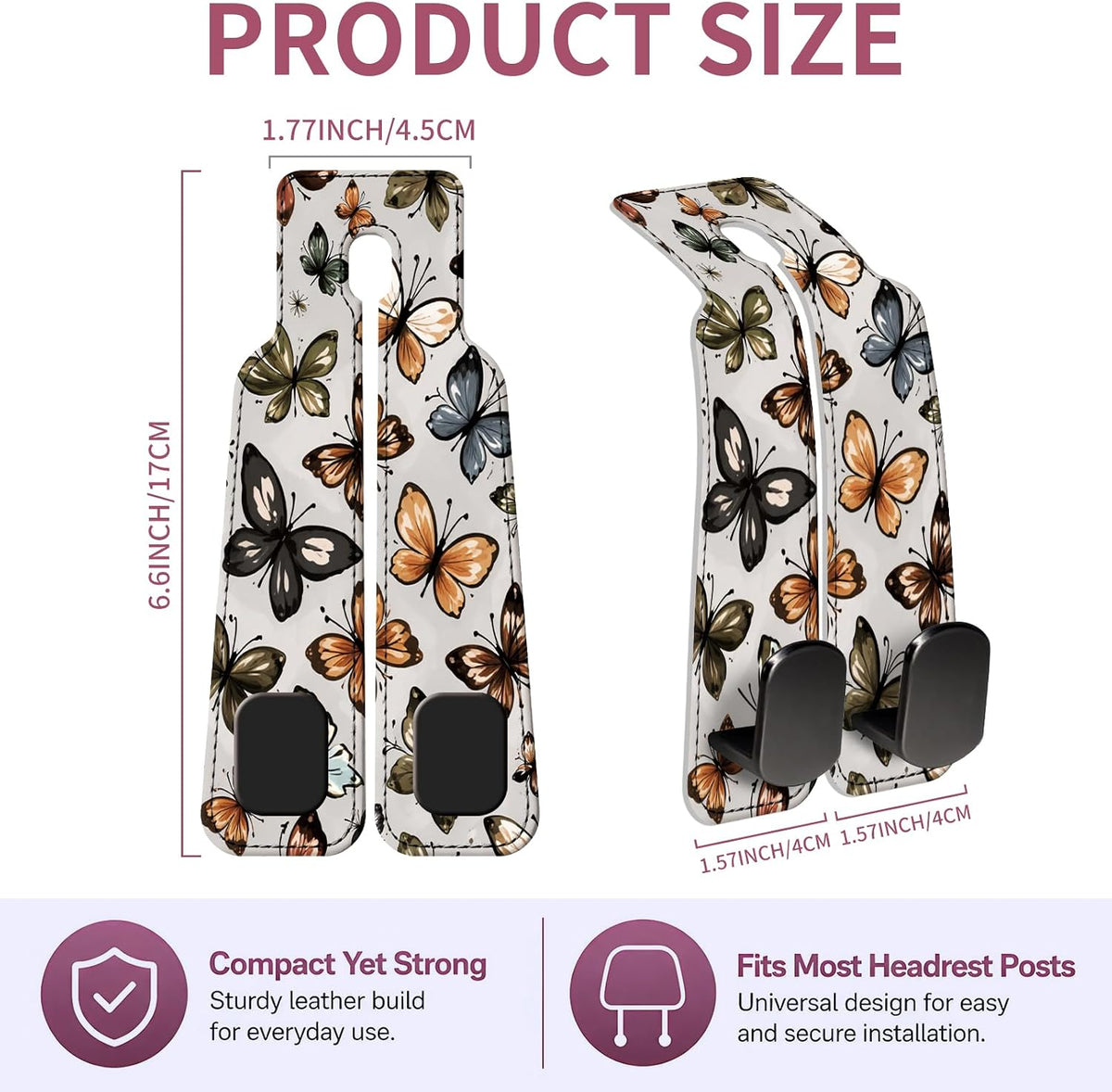 Car Seat Back Storage Hook, Funny Car Purse Hook, Cute Vehicle Storage Organizer for Purses Handbags Colorful Butterfly Pattern